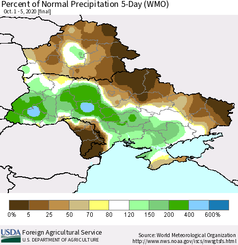 Ukraine, Moldova and Belarus Percent of Normal Precipitation 5-Day (WMO) Thematic Map For 10/1/2020 - 10/5/2020