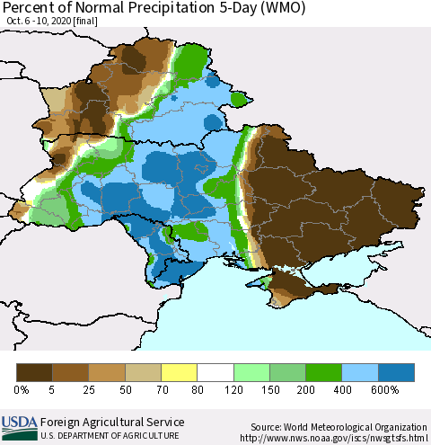 Ukraine, Moldova and Belarus Percent of Normal Precipitation 5-Day (WMO) Thematic Map For 10/6/2020 - 10/10/2020