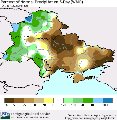 Ukraine, Moldova and Belarus Percent of Normal Precipitation 5-Day (WMO) Thematic Map For 10/11/2020 - 10/15/2020