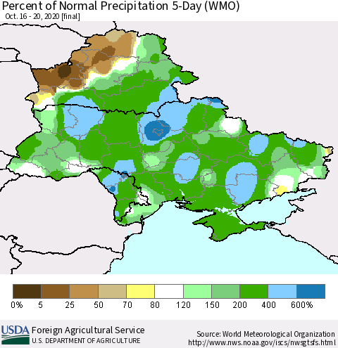 Ukraine, Moldova and Belarus Percent of Normal Precipitation 5-Day (WMO) Thematic Map For 10/16/2020 - 10/20/2020