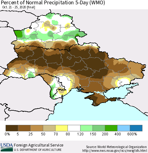 Ukraine, Moldova and Belarus Percent of Normal Precipitation 5-Day (WMO) Thematic Map For 10/21/2020 - 10/25/2020