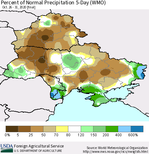 Ukraine, Moldova and Belarus Percent of Normal Precipitation 5-Day (WMO) Thematic Map For 10/26/2020 - 10/31/2020