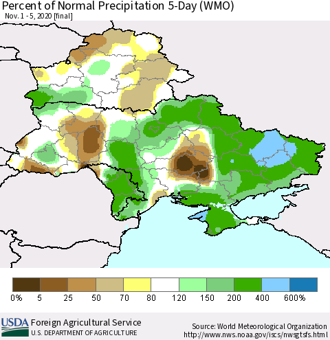 Ukraine, Moldova and Belarus Percent of Normal Precipitation 5-Day (WMO) Thematic Map For 11/1/2020 - 11/5/2020