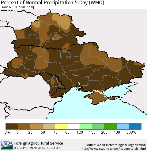 Ukraine, Moldova and Belarus Percent of Normal Precipitation 5-Day (WMO) Thematic Map For 11/6/2020 - 11/10/2020