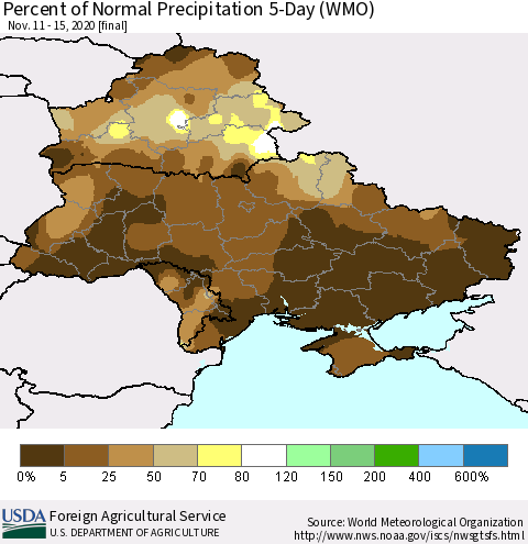 Ukraine, Moldova and Belarus Percent of Normal Precipitation 5-Day (WMO) Thematic Map For 11/11/2020 - 11/15/2020