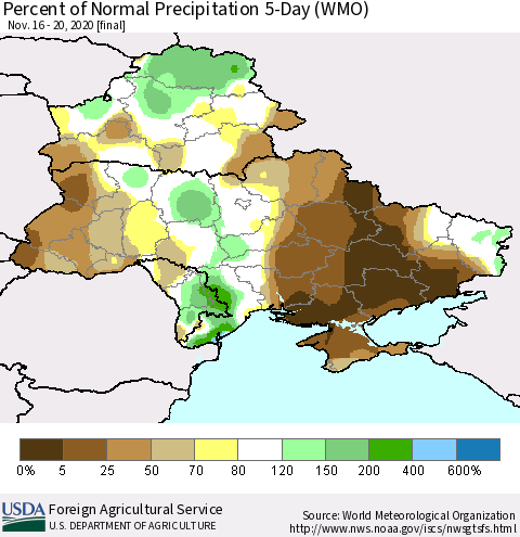 Ukraine, Moldova and Belarus Percent of Normal Precipitation 5-Day (WMO) Thematic Map For 11/16/2020 - 11/20/2020