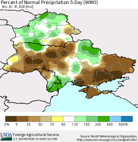 Ukraine, Moldova and Belarus Percent of Normal Precipitation 5-Day (WMO) Thematic Map For 11/26/2020 - 11/30/2020