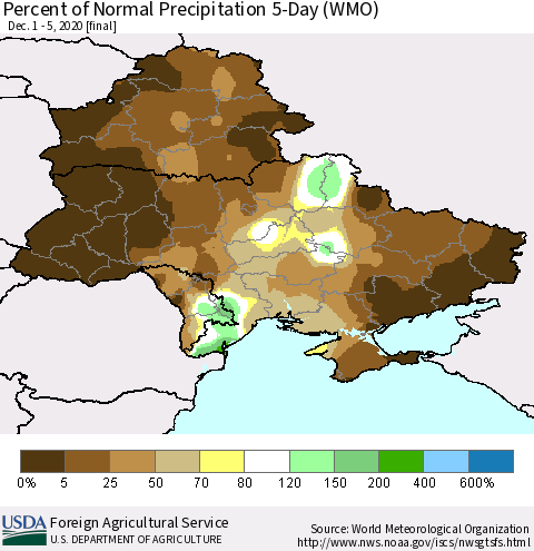 Ukraine, Moldova and Belarus Percent of Normal Precipitation 5-Day (WMO) Thematic Map For 12/1/2020 - 12/5/2020