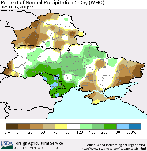 Ukraine, Moldova and Belarus Percent of Normal Precipitation 5-Day (WMO) Thematic Map For 12/11/2020 - 12/15/2020