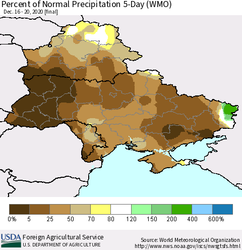 Ukraine, Moldova and Belarus Percent of Normal Precipitation 5-Day (WMO) Thematic Map For 12/16/2020 - 12/20/2020
