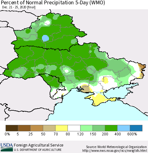 Ukraine, Moldova and Belarus Percent of Normal Precipitation 5-Day (WMO) Thematic Map For 12/21/2020 - 12/25/2020