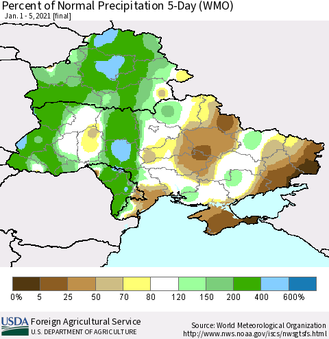 Ukraine, Moldova and Belarus Percent of Normal Precipitation 5-Day (WMO) Thematic Map For 1/1/2021 - 1/5/2021