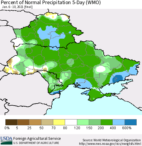 Ukraine, Moldova and Belarus Percent of Normal Precipitation 5-Day (WMO) Thematic Map For 1/6/2021 - 1/10/2021