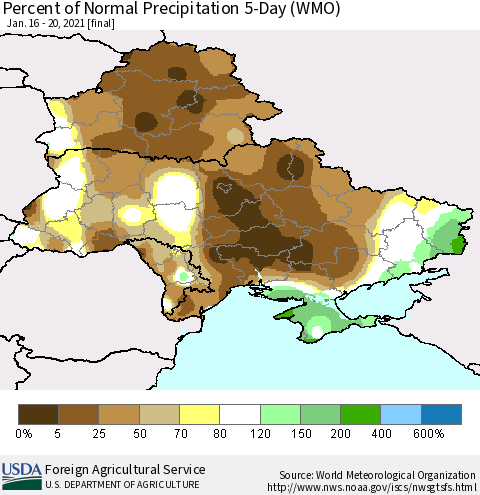 Ukraine, Moldova and Belarus Percent of Normal Precipitation 5-Day (WMO) Thematic Map For 1/16/2021 - 1/20/2021