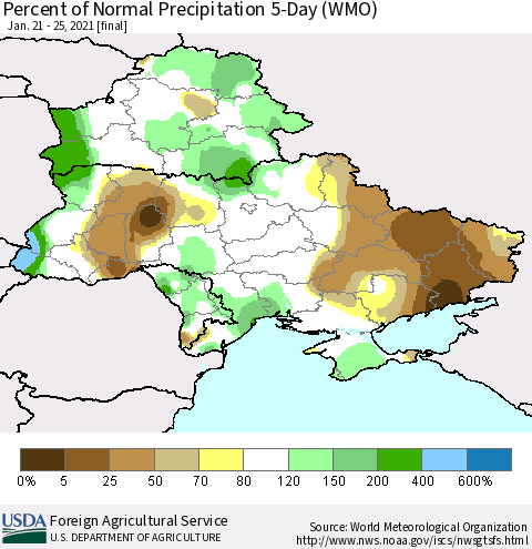 Ukraine, Moldova and Belarus Percent of Normal Precipitation 5-Day (WMO) Thematic Map For 1/21/2021 - 1/25/2021