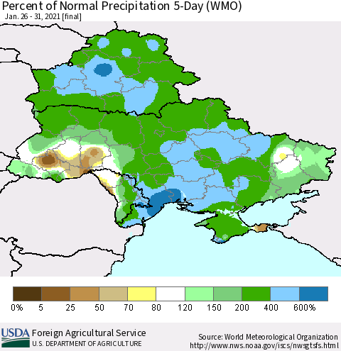 Ukraine, Moldova and Belarus Percent of Normal Precipitation 5-Day (WMO) Thematic Map For 1/26/2021 - 1/31/2021