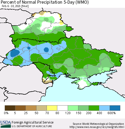 Ukraine, Moldova and Belarus Percent of Normal Precipitation 5-Day (WMO) Thematic Map For 2/6/2021 - 2/10/2021