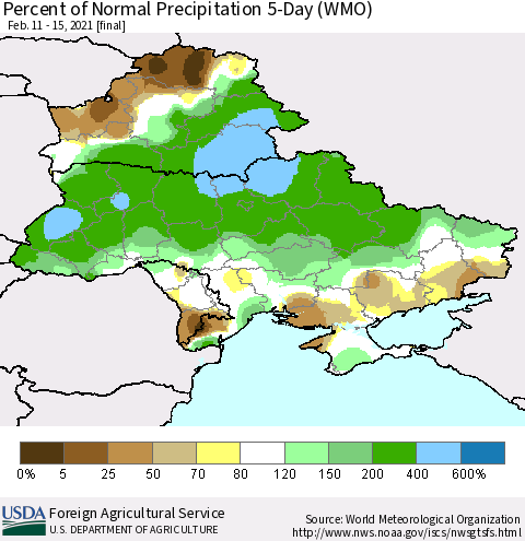 Ukraine, Moldova and Belarus Percent of Normal Precipitation 5-Day (WMO) Thematic Map For 2/11/2021 - 2/15/2021
