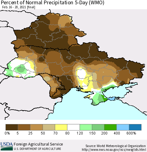 Ukraine, Moldova and Belarus Percent of Normal Precipitation 5-Day (WMO) Thematic Map For 2/16/2021 - 2/20/2021