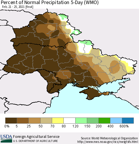 Ukraine, Moldova and Belarus Percent of Normal Precipitation 5-Day (WMO) Thematic Map For 2/21/2021 - 2/25/2021