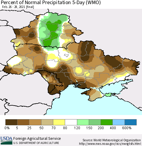 Ukraine, Moldova and Belarus Percent of Normal Precipitation 5-Day (WMO) Thematic Map For 2/26/2021 - 2/28/2021