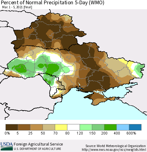 Ukraine, Moldova and Belarus Percent of Normal Precipitation 5-Day (WMO) Thematic Map For 3/1/2021 - 3/5/2021