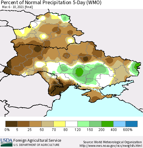 Ukraine, Moldova and Belarus Percent of Normal Precipitation 5-Day (WMO) Thematic Map For 3/6/2021 - 3/10/2021