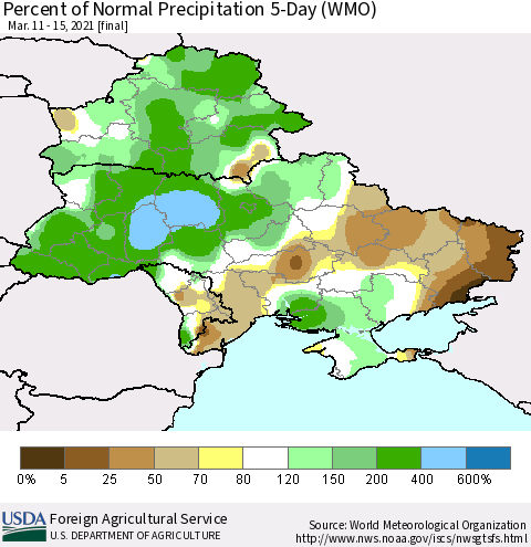 Ukraine, Moldova and Belarus Percent of Normal Precipitation 5-Day (WMO) Thematic Map For 3/11/2021 - 3/15/2021