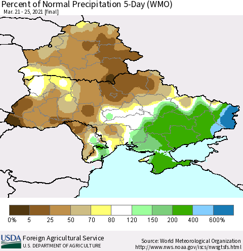 Ukraine, Moldova and Belarus Percent of Normal Precipitation 5-Day (WMO) Thematic Map For 3/21/2021 - 3/25/2021