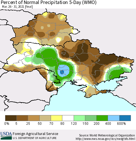 Ukraine, Moldova and Belarus Percent of Normal Precipitation 5-Day (WMO) Thematic Map For 3/26/2021 - 3/31/2021