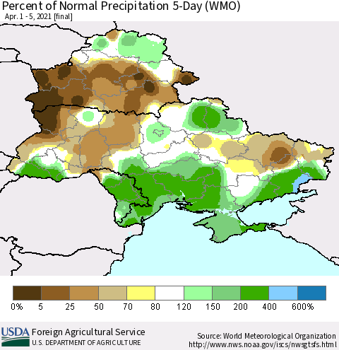 Ukraine, Moldova and Belarus Percent of Normal Precipitation 5-Day (WMO) Thematic Map For 4/1/2021 - 4/5/2021
