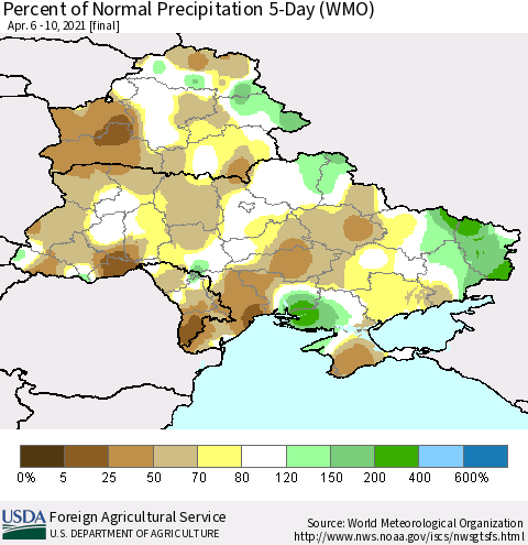 Ukraine, Moldova and Belarus Percent of Normal Precipitation 5-Day (WMO) Thematic Map For 4/6/2021 - 4/10/2021