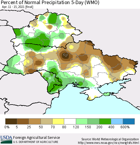 Ukraine, Moldova and Belarus Percent of Normal Precipitation 5-Day (WMO) Thematic Map For 4/11/2021 - 4/15/2021