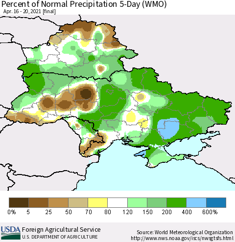 Ukraine, Moldova and Belarus Percent of Normal Precipitation 5-Day (WMO) Thematic Map For 4/16/2021 - 4/20/2021