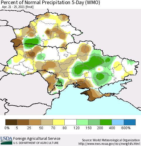 Ukraine, Moldova and Belarus Percent of Normal Precipitation 5-Day (WMO) Thematic Map For 4/21/2021 - 4/25/2021
