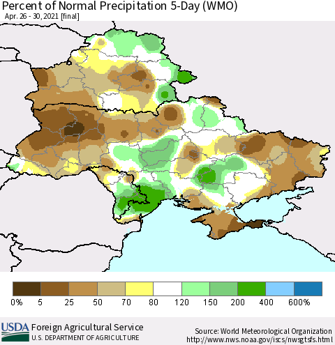 Ukraine, Moldova and Belarus Percent of Normal Precipitation 5-Day (WMO) Thematic Map For 4/26/2021 - 4/30/2021