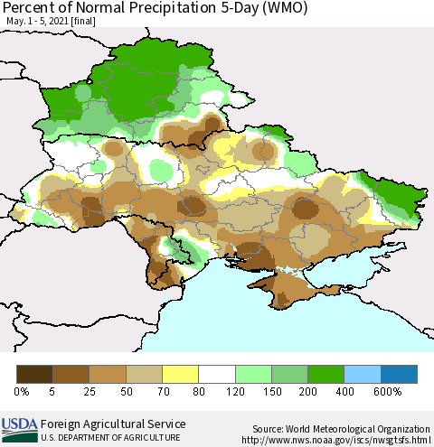 Ukraine, Moldova and Belarus Percent of Normal Precipitation 5-Day (WMO) Thematic Map For 5/1/2021 - 5/5/2021