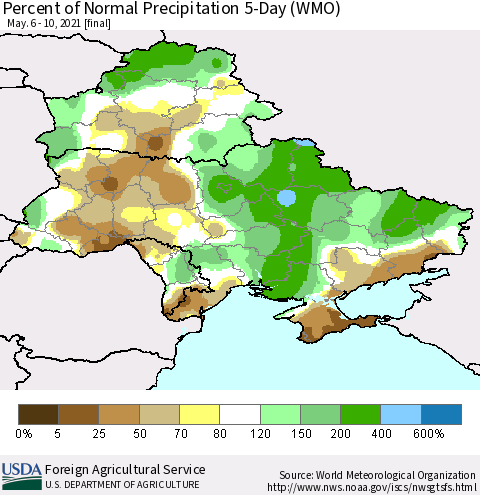 Ukraine, Moldova and Belarus Percent of Normal Precipitation 5-Day (WMO) Thematic Map For 5/6/2021 - 5/10/2021
