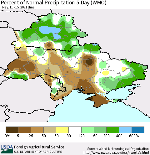 Ukraine, Moldova and Belarus Percent of Normal Precipitation 5-Day (WMO) Thematic Map For 5/11/2021 - 5/15/2021