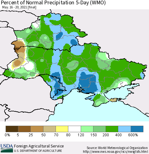 Ukraine, Moldova and Belarus Percent of Normal Precipitation 5-Day (WMO) Thematic Map For 5/16/2021 - 5/20/2021