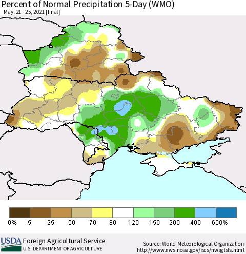 Ukraine, Moldova and Belarus Percent of Normal Precipitation 5-Day (WMO) Thematic Map For 5/21/2021 - 5/25/2021