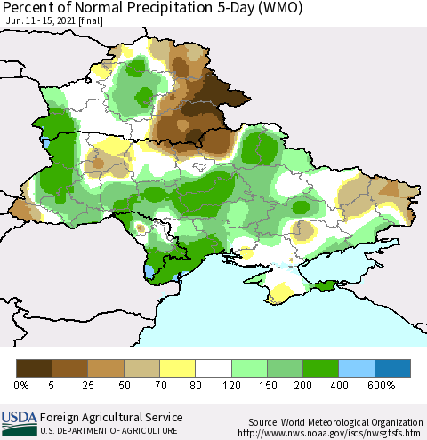 Ukraine, Moldova and Belarus Percent of Normal Precipitation 5-Day (WMO) Thematic Map For 6/11/2021 - 6/15/2021