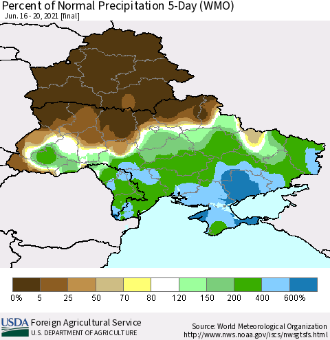 Ukraine, Moldova and Belarus Percent of Normal Precipitation 5-Day (WMO) Thematic Map For 6/16/2021 - 6/20/2021