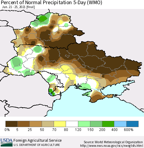 Ukraine, Moldova and Belarus Percent of Normal Precipitation 5-Day (WMO) Thematic Map For 6/21/2021 - 6/25/2021