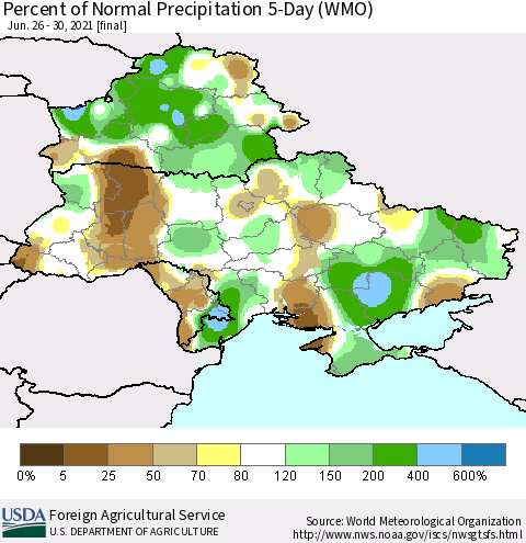 Ukraine, Moldova and Belarus Percent of Normal Precipitation 5-Day (WMO) Thematic Map For 6/26/2021 - 6/30/2021