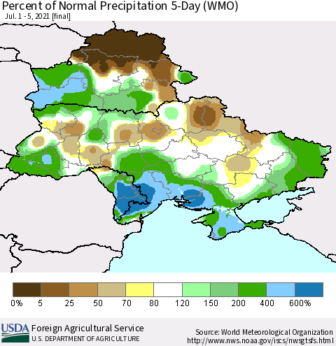 Ukraine, Moldova and Belarus Percent of Normal Precipitation 5-Day (WMO) Thematic Map For 7/1/2021 - 7/5/2021
