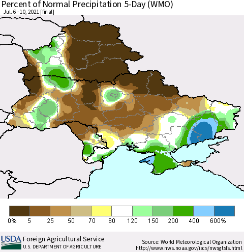 Ukraine, Moldova and Belarus Percent of Normal Precipitation 5-Day (WMO) Thematic Map For 7/6/2021 - 7/10/2021