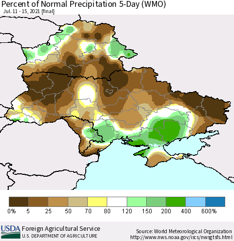 Ukraine, Moldova and Belarus Percent of Normal Precipitation 5-Day (WMO) Thematic Map For 7/11/2021 - 7/15/2021