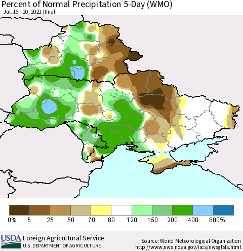 Ukraine, Moldova and Belarus Percent of Normal Precipitation 5-Day (WMO) Thematic Map For 7/16/2021 - 7/20/2021
