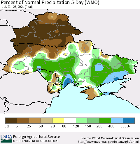 Ukraine, Moldova and Belarus Percent of Normal Precipitation 5-Day (WMO) Thematic Map For 7/21/2021 - 7/25/2021